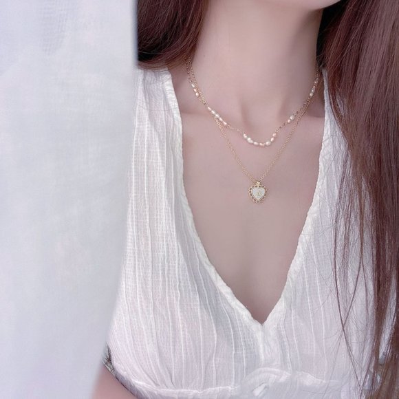 NEW 14K Gold Plated Pearl Heart Layered Necklace - Picture 2 of 7